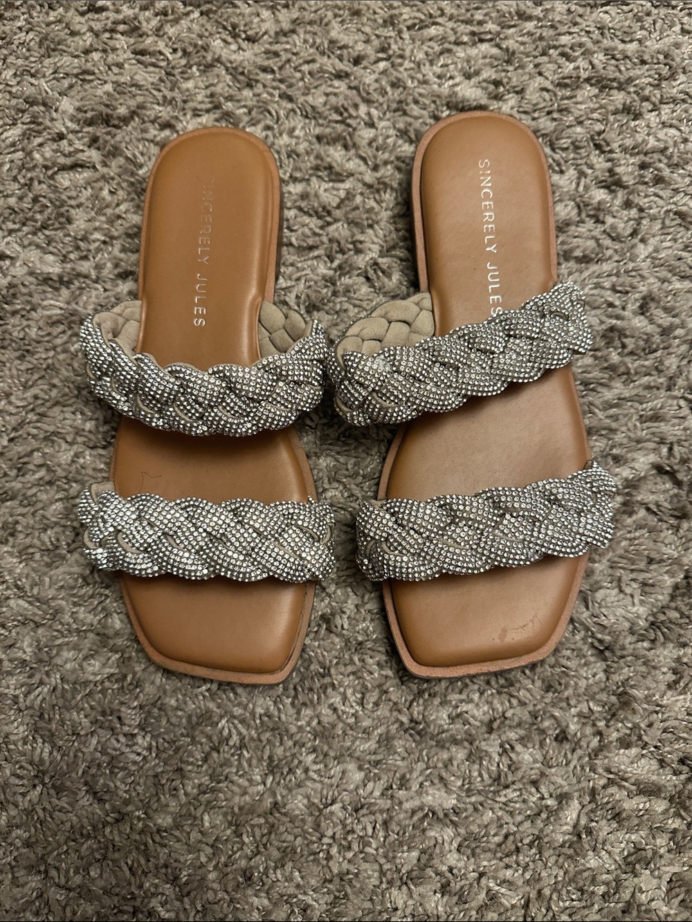 Sincerely Jules Silver Braided Crystal Double-Strap Slide Sandals